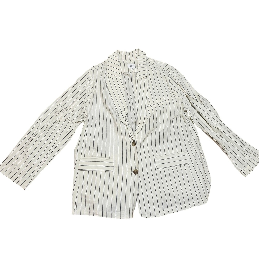 GAP Womens XXL Lightweight Coastal Linen Blend Pinstripe Blazer Chalk White Navy